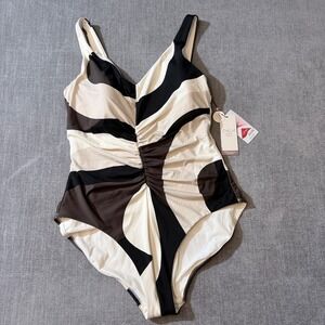 Calia Ruched One Piece Swimsuit Wavy Block Neutral Tummy Control Size 16